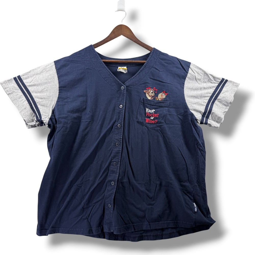 Vintage Looney Tunes Taz Baseball Shirt Navy Gray Embroidered Pocket Top Womens